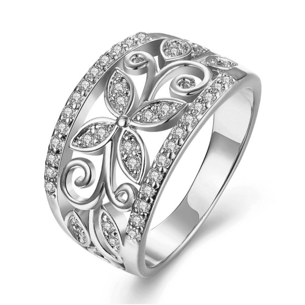 Hollow Crystal Luxury 925 Silver Plated Vintage Flower Ring for Women, VIP054